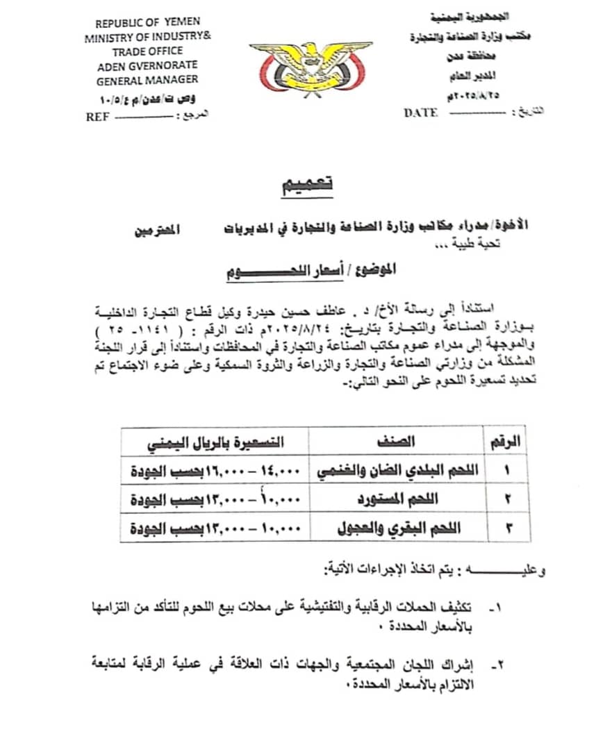 قرار جديد يحدد أسعار اللحوم في عدن