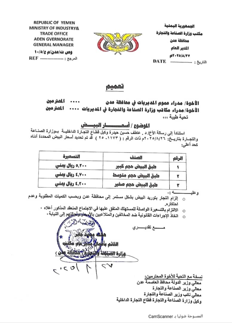 صناعة وتجارة عدن تحذر من التلاعب بأسعار البيض وتحدد تسعيرة رسمية